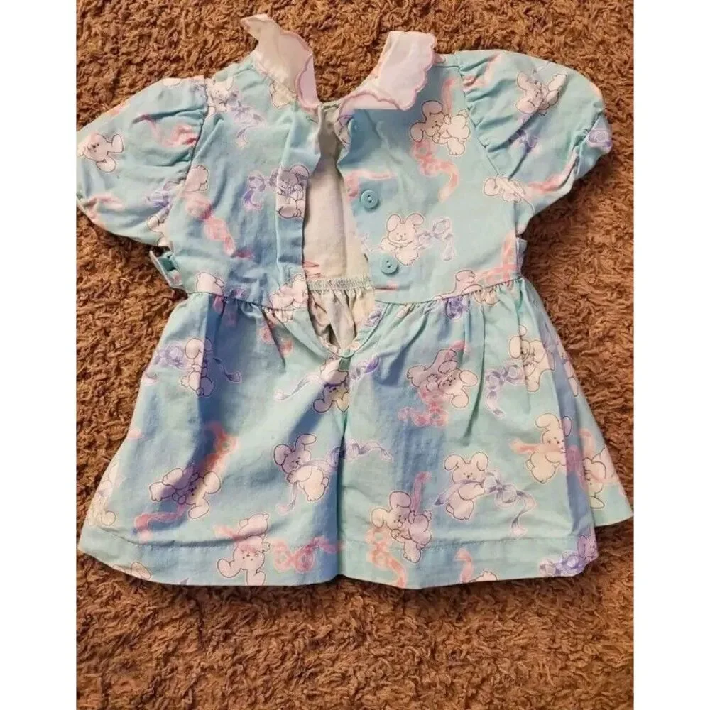 Vintage Osh Kosh Dress Girls 12 Month‎ Mint Blue Bunny Bow All Over USA Easter